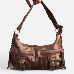 Y2K Brown Gold Metal Leather Cargo Buckles Shoulder Hobo Hand Bag Purse Satchel